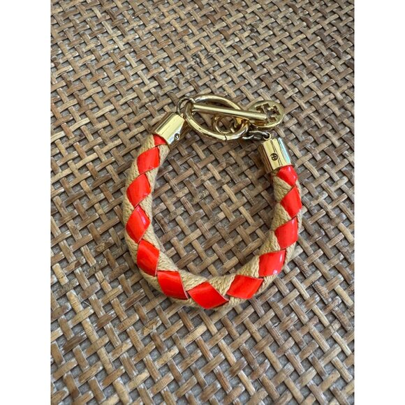 Tory Burch Woven Rope Toggle Bracelet Gold Tan Logo Charm Tennessee Orange EUC - Picture 7 of 9